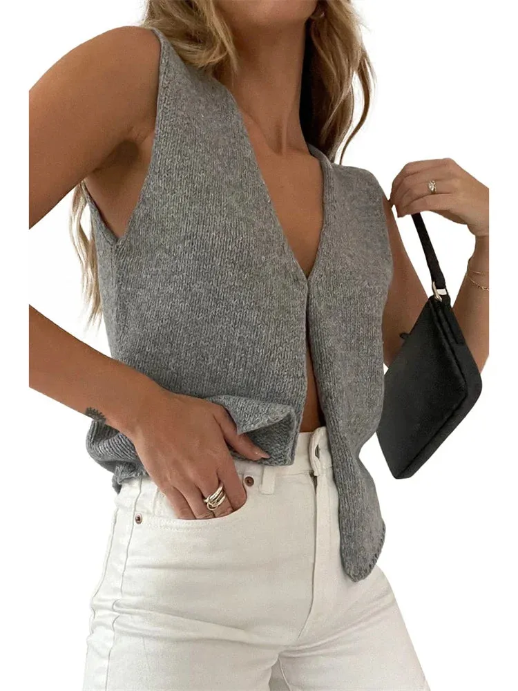 CHRONSTYLE Y2K Women Knitted Sweaters Vest Tops Casual Retro Sleeveless V-Neck Buttons Up Tank Summer Autumn Chic Vest 2024 Club