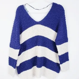 CHUNKY Knit Blue and Cream V-Neck Stripe Sweater …