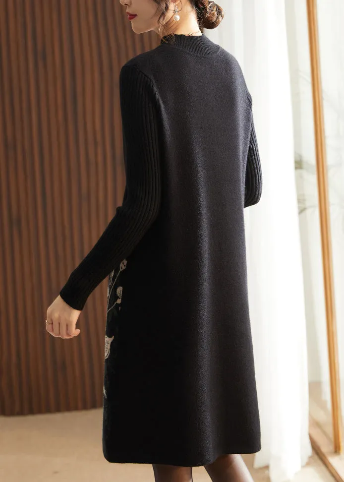 Classy Black O Neck Print Knit Long Sweater Dress Spring