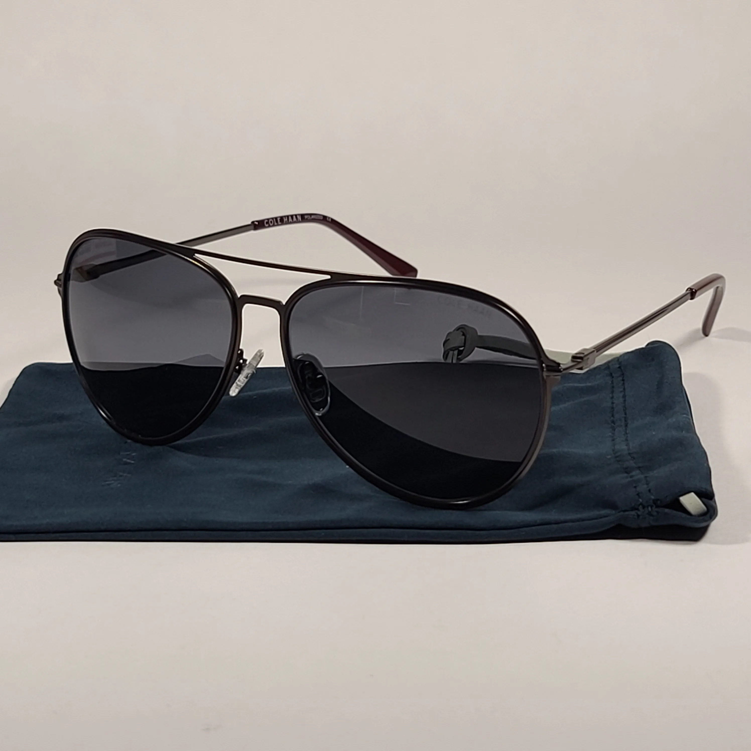 Cole Haan Polarized Aviator Sunglasses Gunmetal And Burgundy Frame Gray Lens CH8007 604 Burgundy