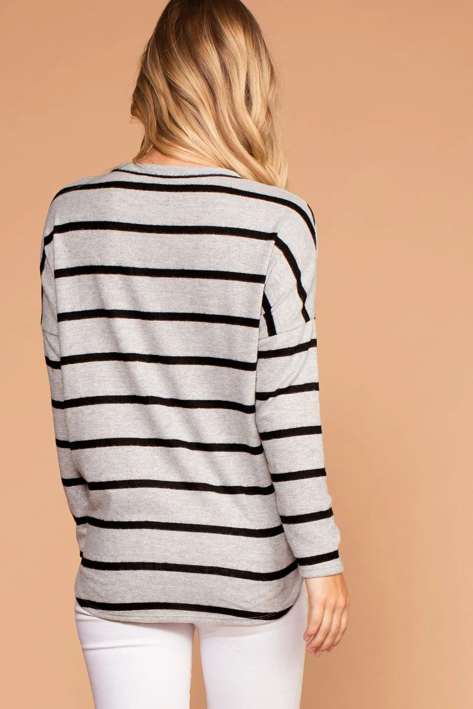 Colette Grey and Black Stripe Brushed Knit Tie-Front Sweater