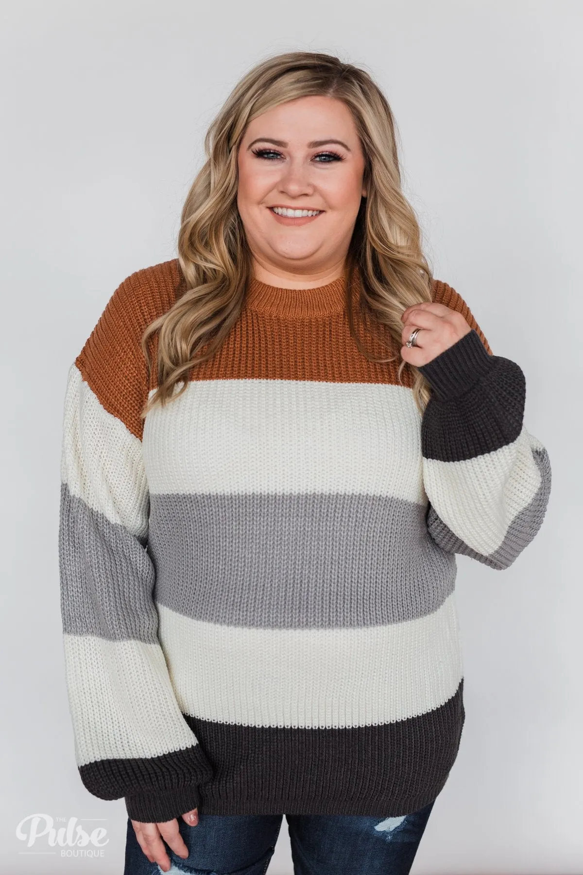 Color Block Chunky Sleeve Knitted Sweater- Orange, Ivory, Grey