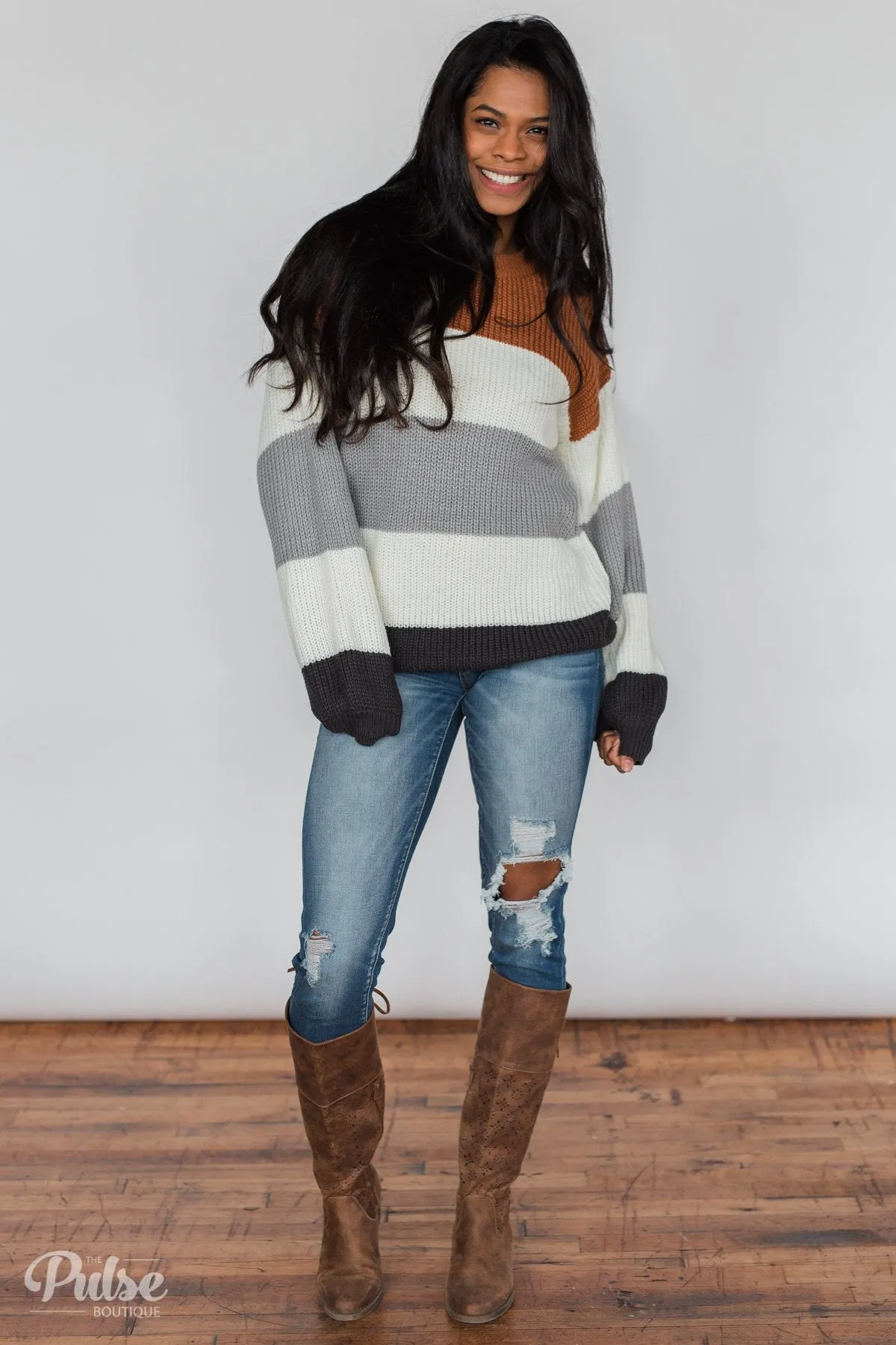 Color Block Chunky Sleeve Knitted Sweater- Orange, Ivory, Grey