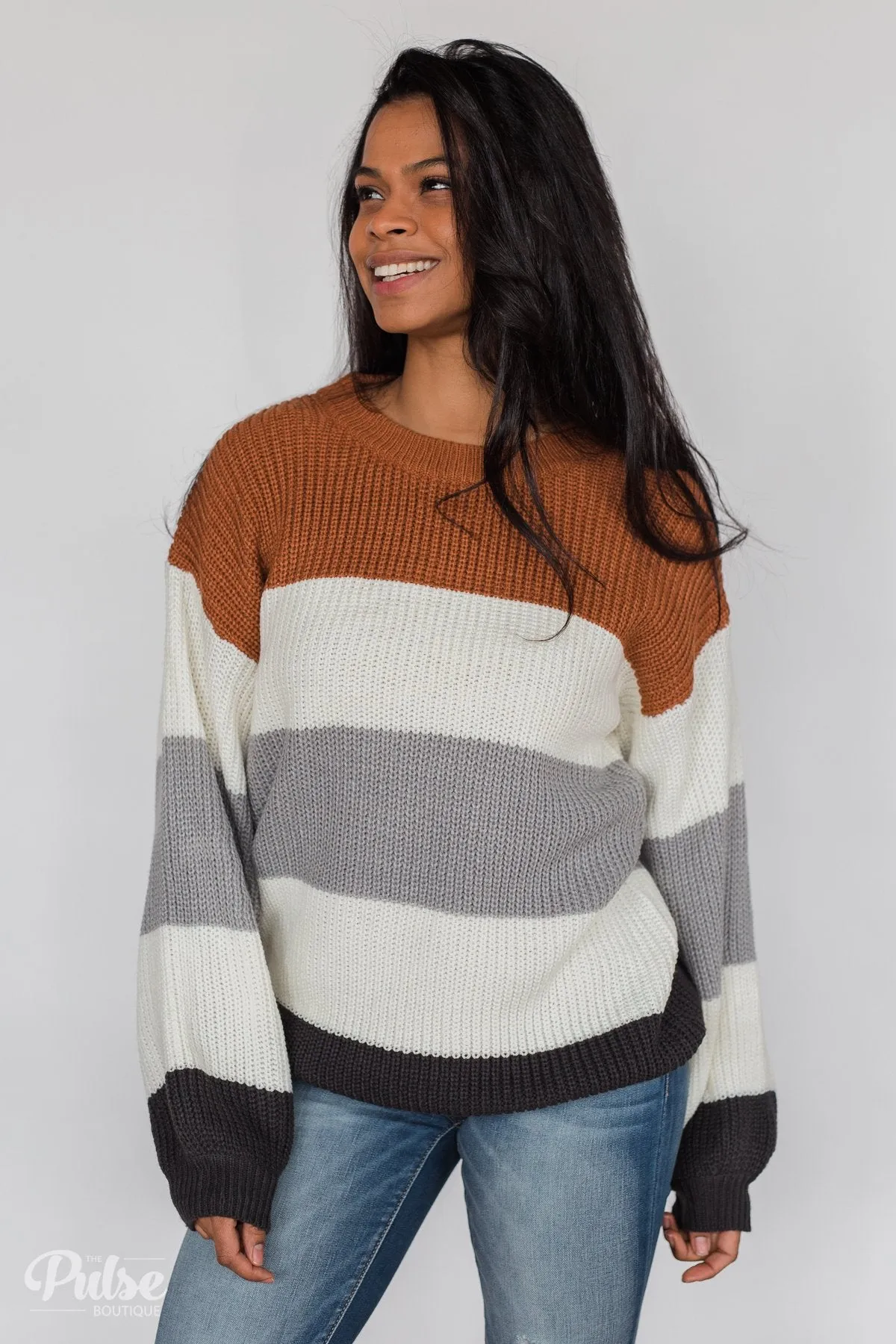 Color Block Chunky Sleeve Knitted Sweater- Orange, Ivory, Grey