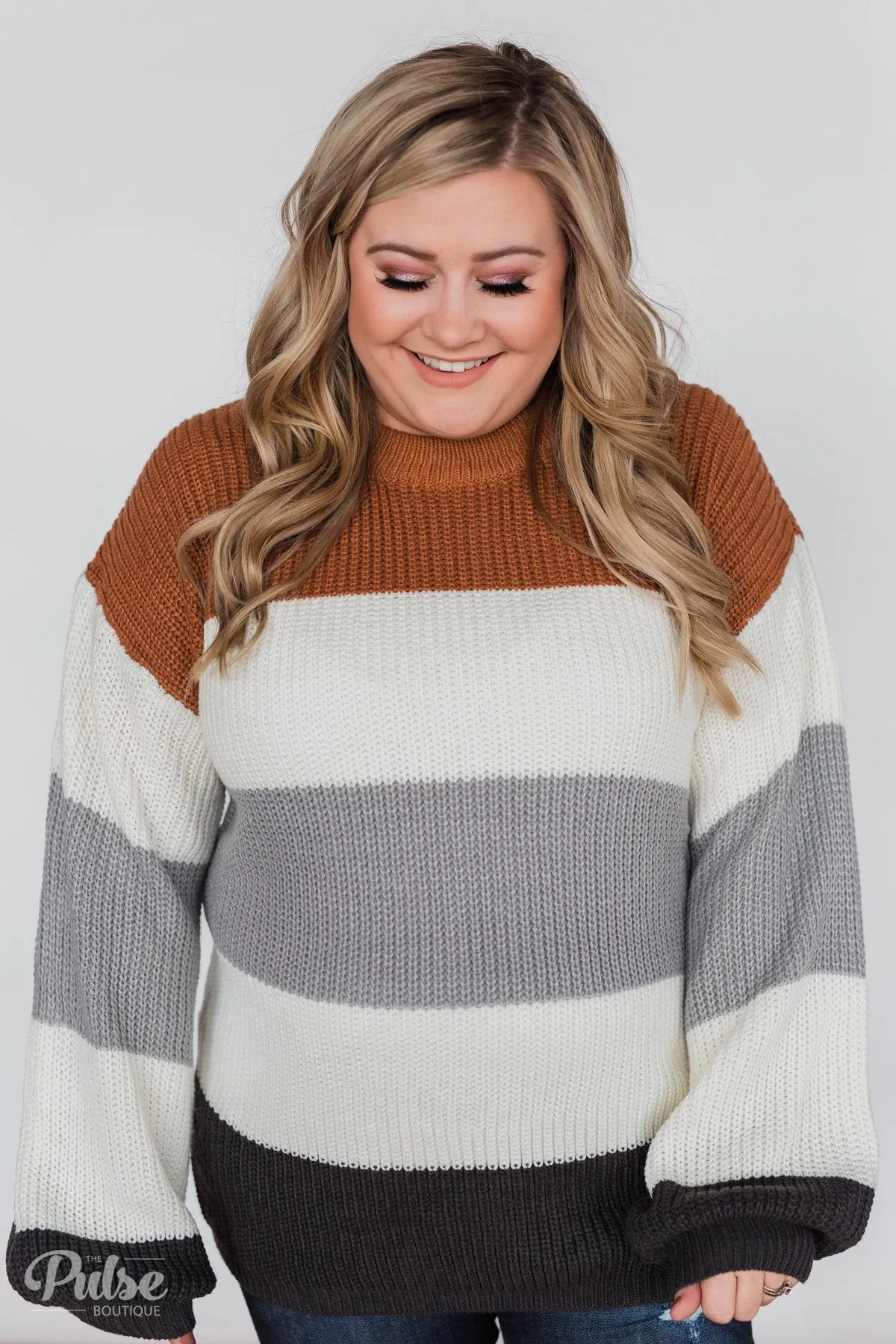 Color Block Chunky Sleeve Knitted Sweater- Orange, Ivory, Grey