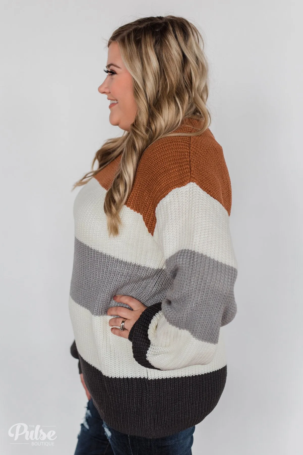 Color Block Chunky Sleeve Knitted Sweater- Orange, Ivory, Grey