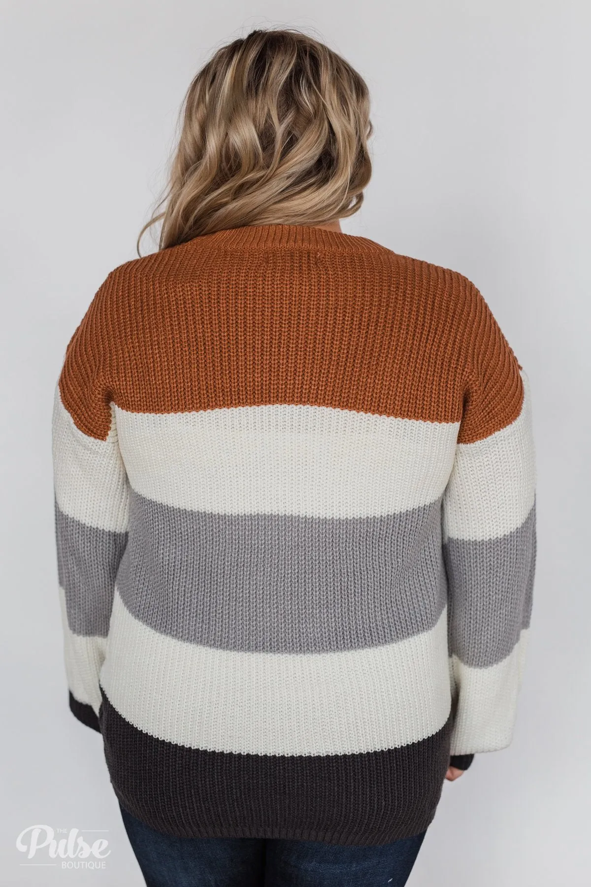 Color Block Chunky Sleeve Knitted Sweater- Orange, Ivory, Grey
