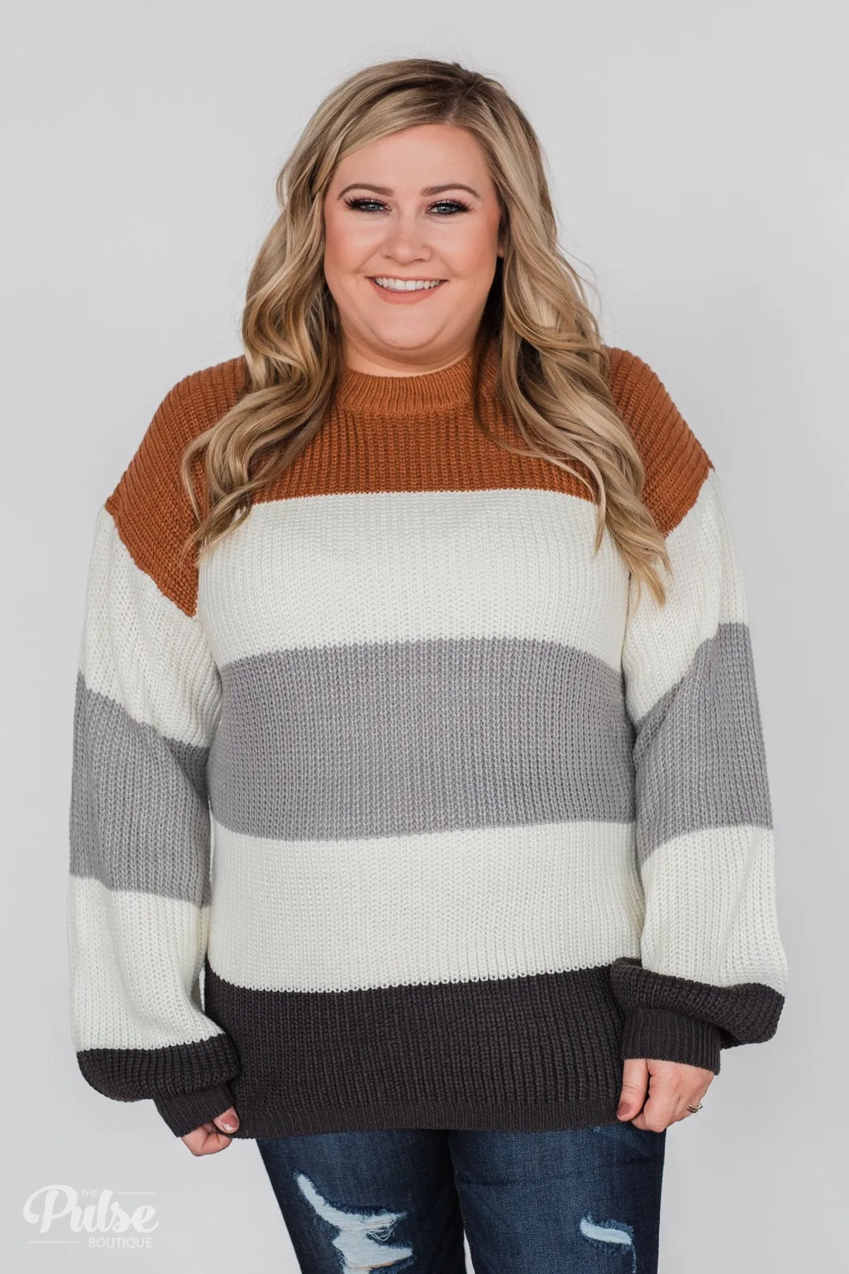 Color Block Chunky Sleeve Knitted Sweater- Orange, Ivory, Grey