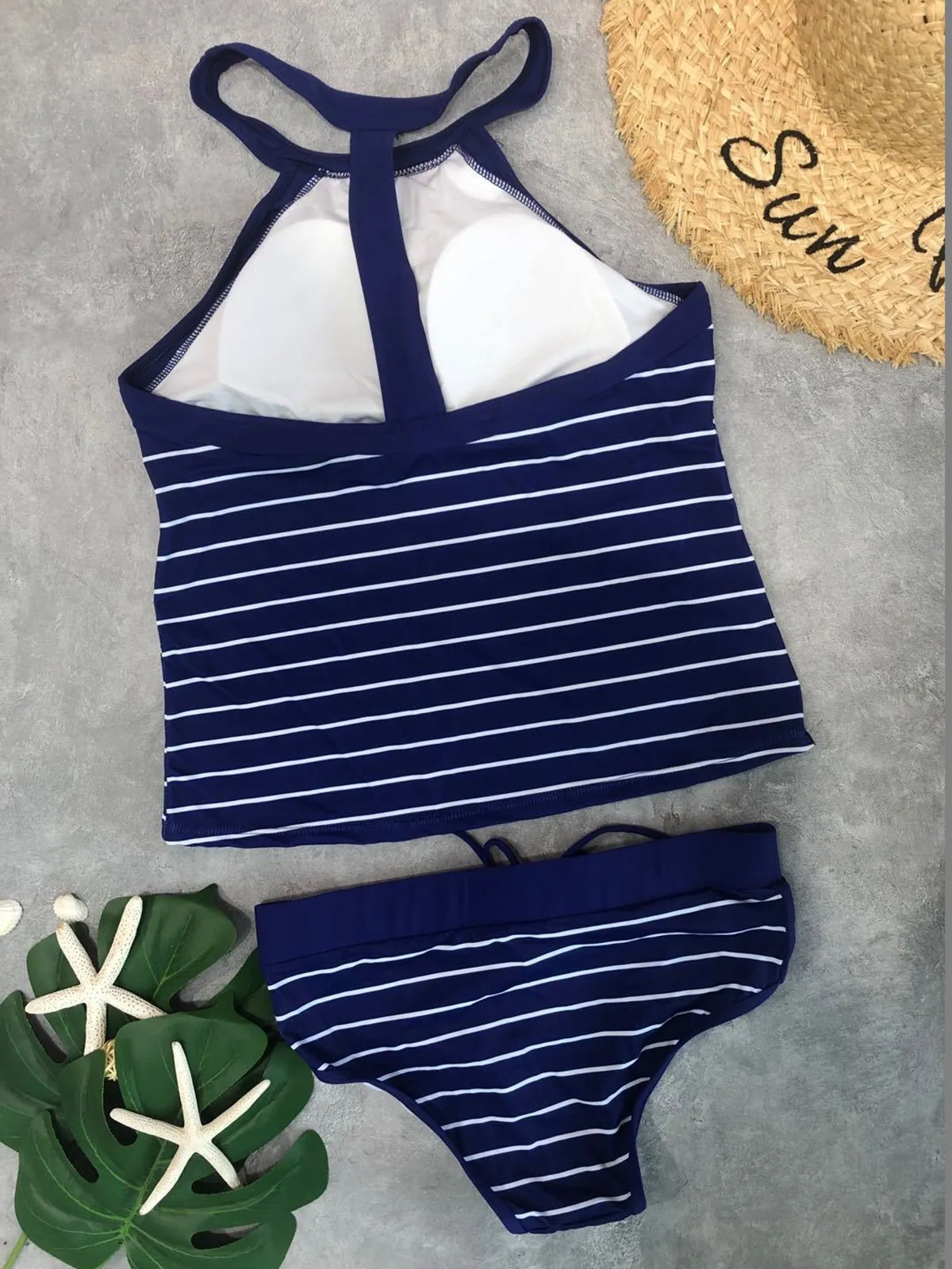 Conservative Striped Print Backless Tankini Split Swimsuit Plus Size