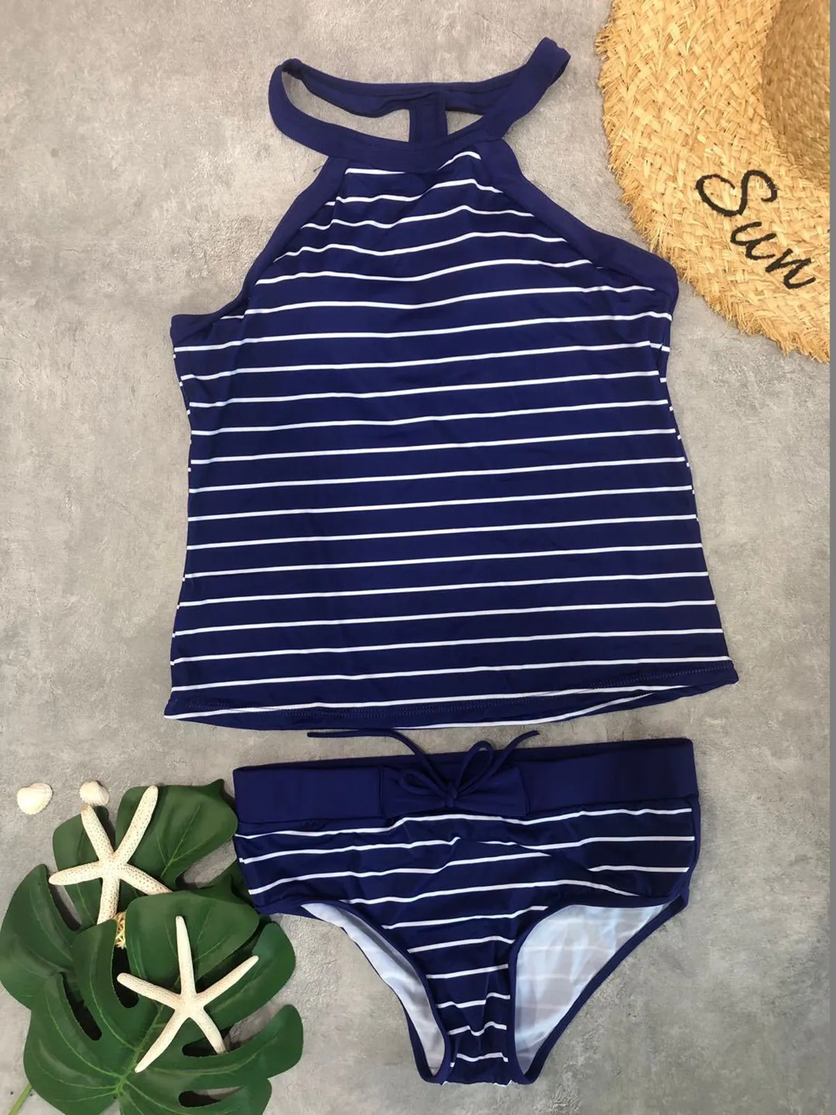 Conservative Striped Print Backless Tankini Split Swimsuit Plus Size