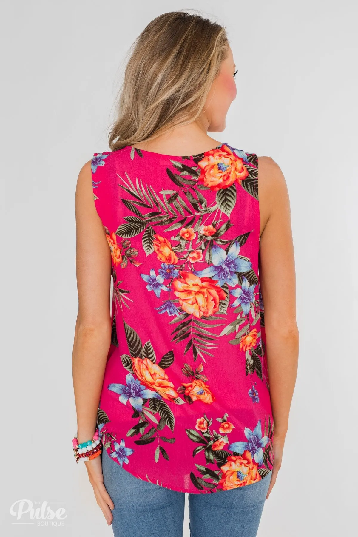 Criss-Cross Wrap Detail Floral Tank Top- Fuschia