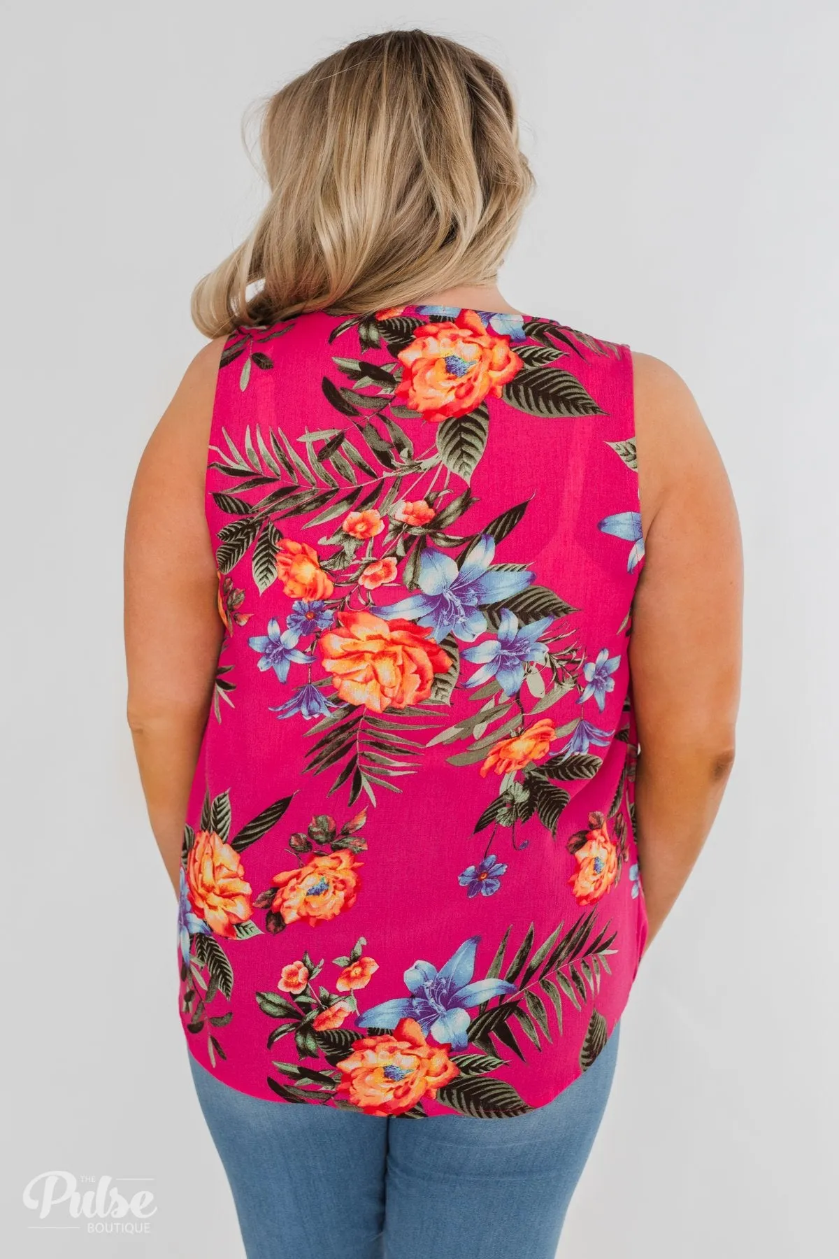 Criss-Cross Wrap Detail Floral Tank Top- Fuschia