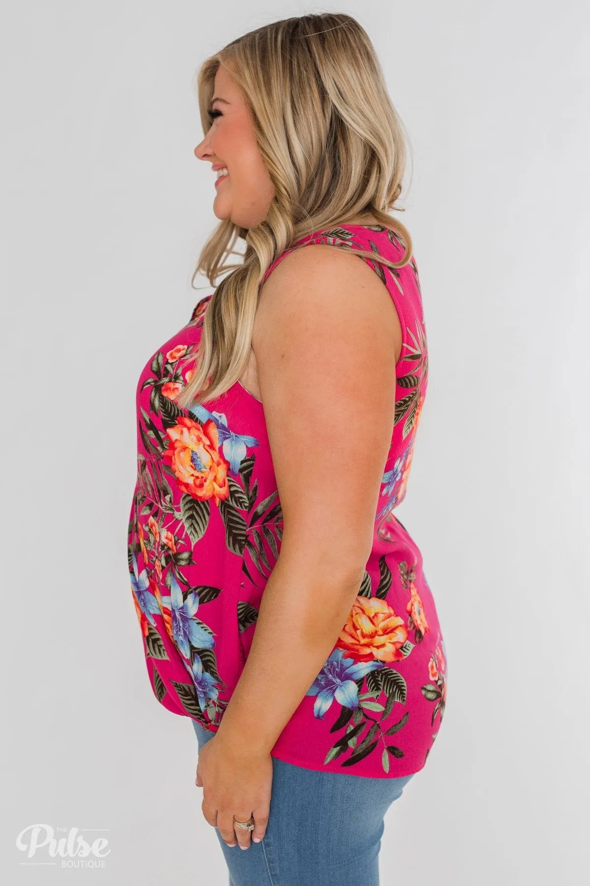 Criss-Cross Wrap Detail Floral Tank Top- Fuschia