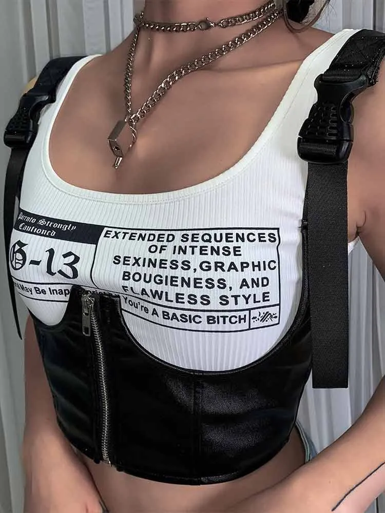 Crop Tops Womens Tank Tops White Black Basic Tanks Punk Summer Casual PU Leather Top Black Cami Top Female Vest Sexy Corset