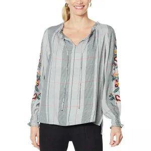 Curations Women's Embroidered Sleeve Plaid Peasant Blouse