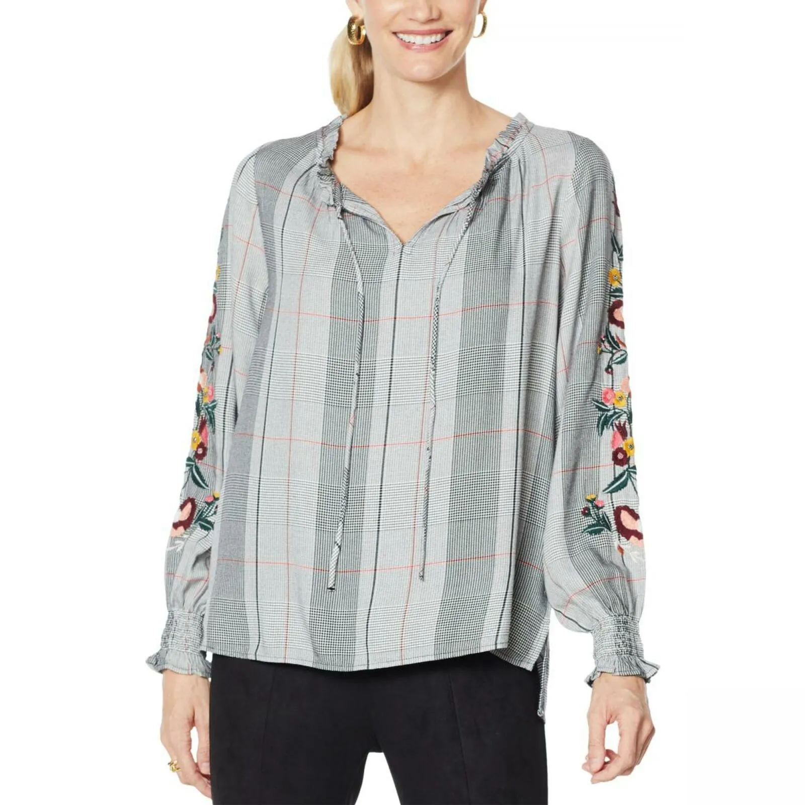 Curations Women's Embroidered Sleeve Plaid Peasant Blouse