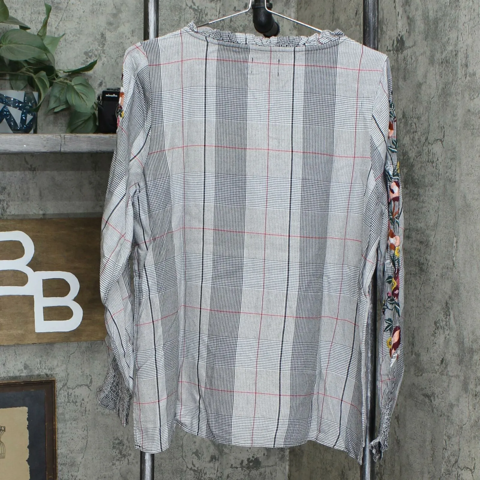 Curations Women's Embroidered Sleeve Plaid Peasant Blouse