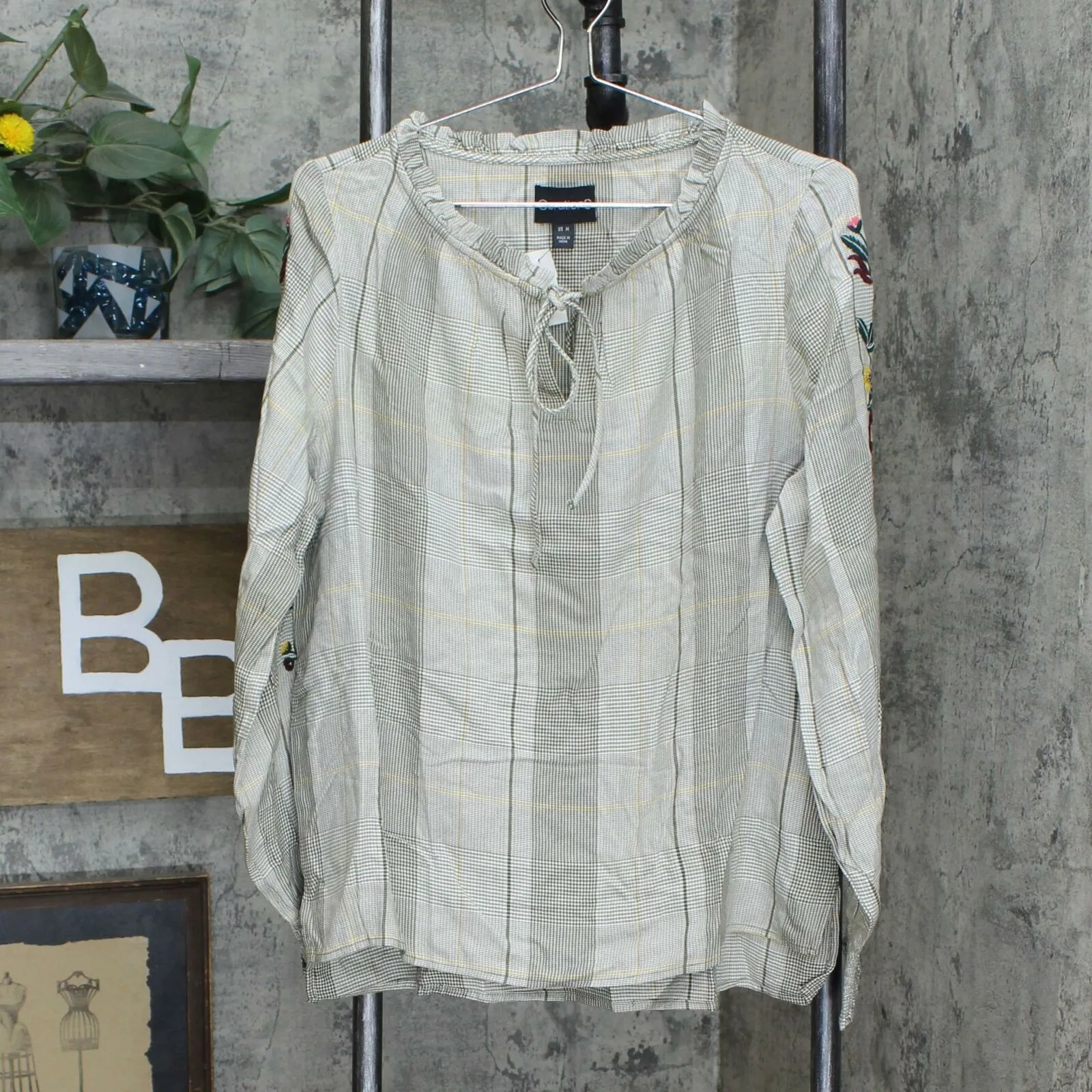 Curations Women's Embroidered Sleeve Plaid Peasant Blouse