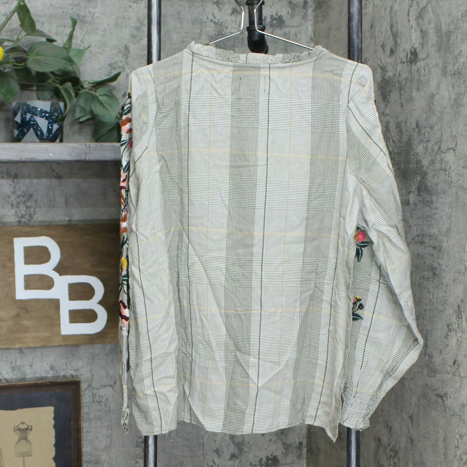 Curations Women's Embroidered Sleeve Plaid Peasant Blouse