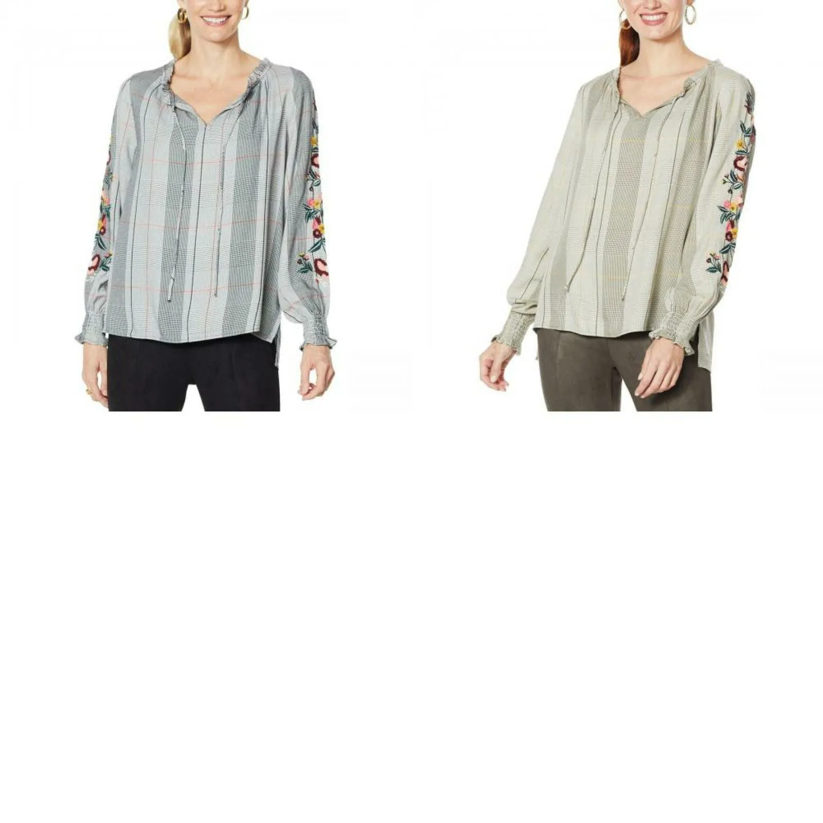 Curations Women's Embroidered Sleeve Plaid Peasant Blouse
