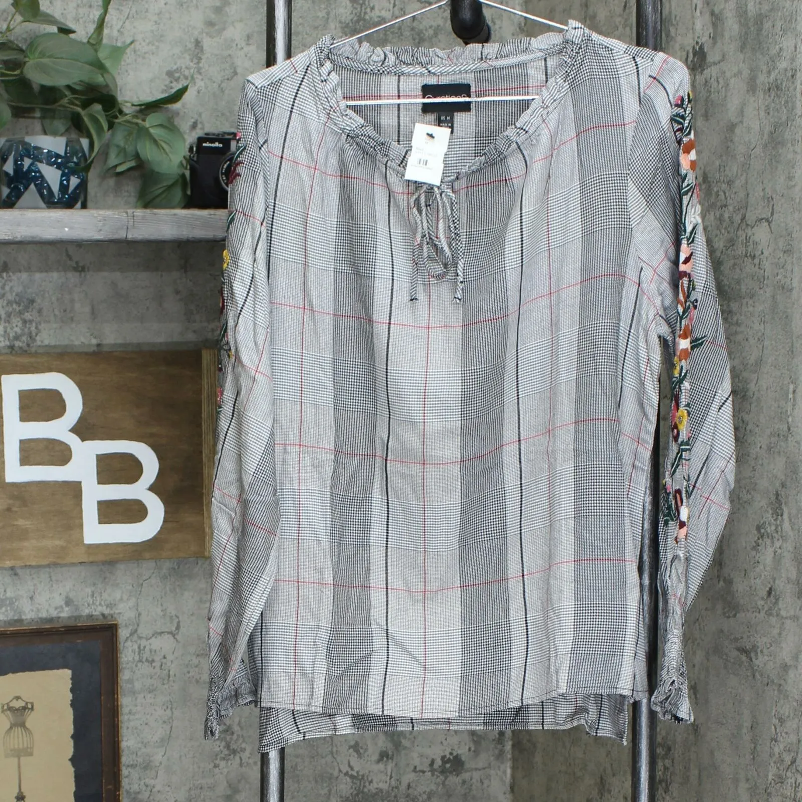 Curations Women's Embroidered Sleeve Plaid Peasant Blouse