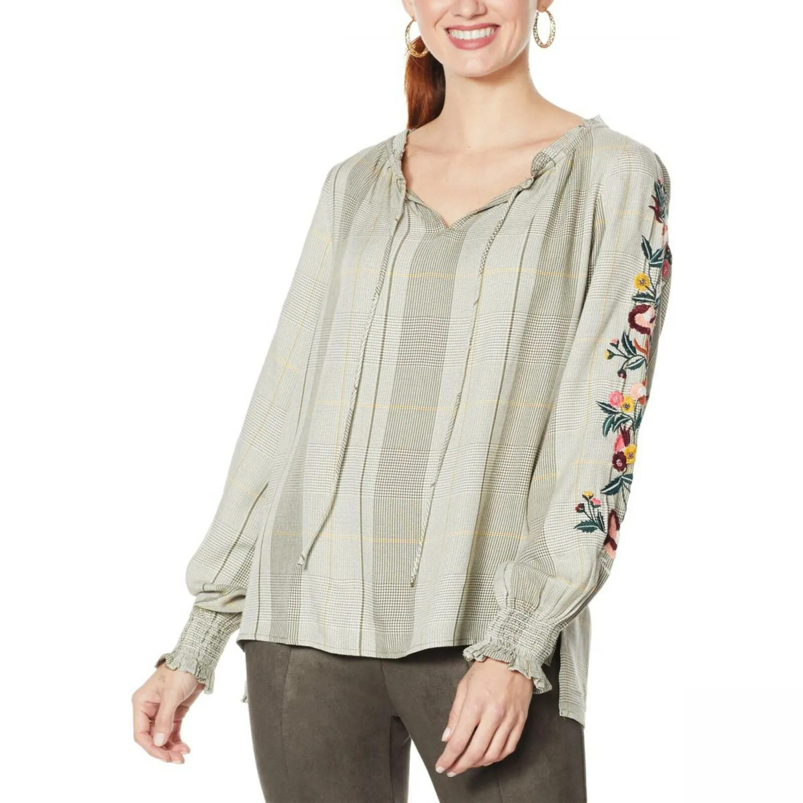 Curations Women's Embroidered Sleeve Tie Front Blouse Oliver Plaid XL