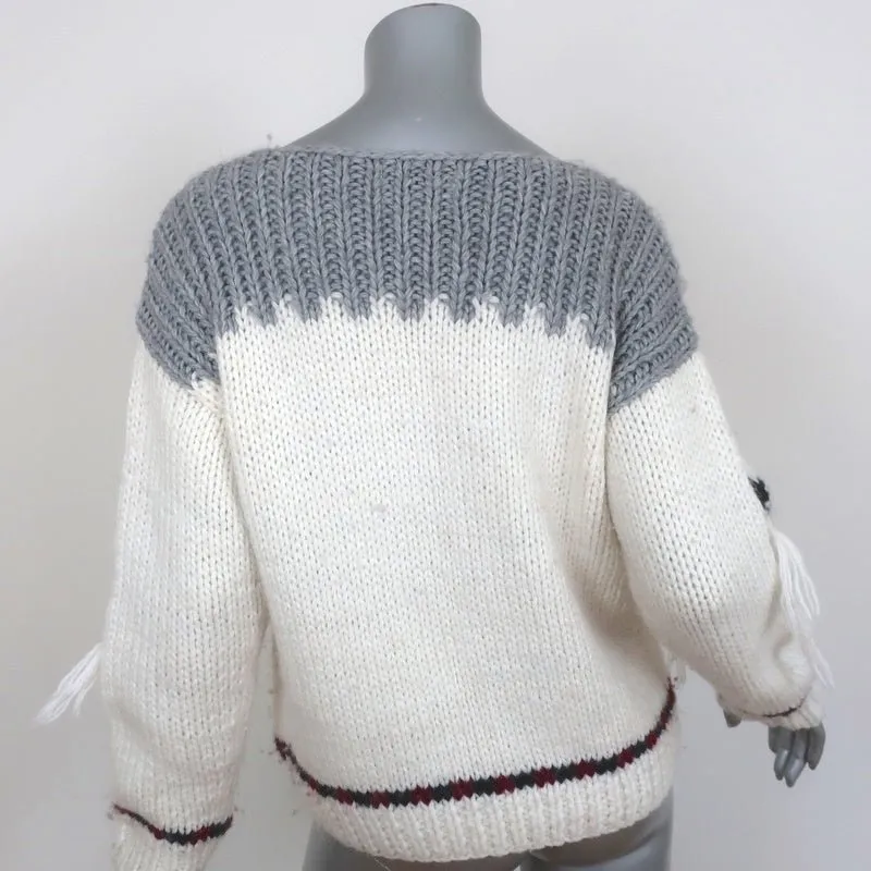 Current/Elliott Fringe Sweater Rosemary Cream/Gray Intarsia Knit Size 0