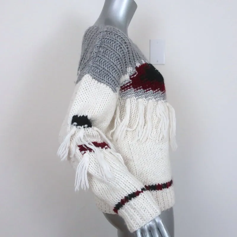 Current/Elliott Fringe Sweater Rosemary Cream/Gray Intarsia Knit Size 0