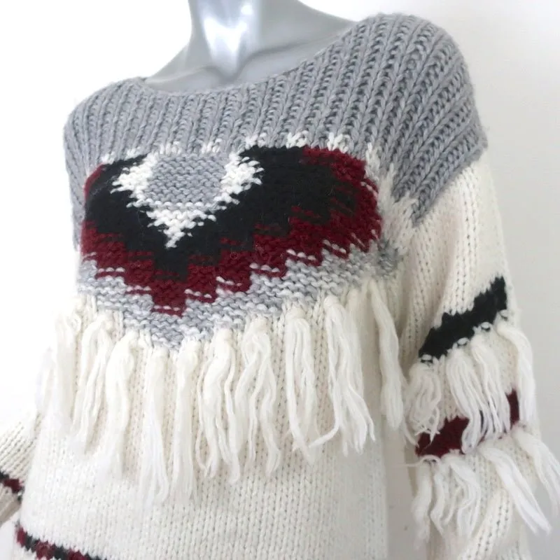 Current/Elliott Fringe Sweater Rosemary Cream/Gray Intarsia Knit Size 0