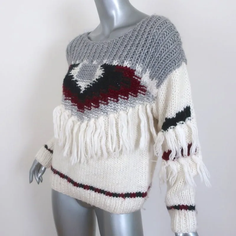 Current/Elliott Fringe Sweater Rosemary Cream/Gray Intarsia Knit Size 0