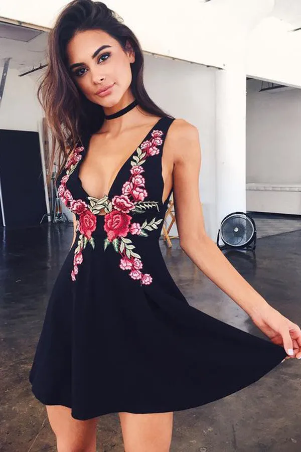 Cute A-Line V-Neck Open Back Simple Mini Black Short Homecoming Dresses,MH478