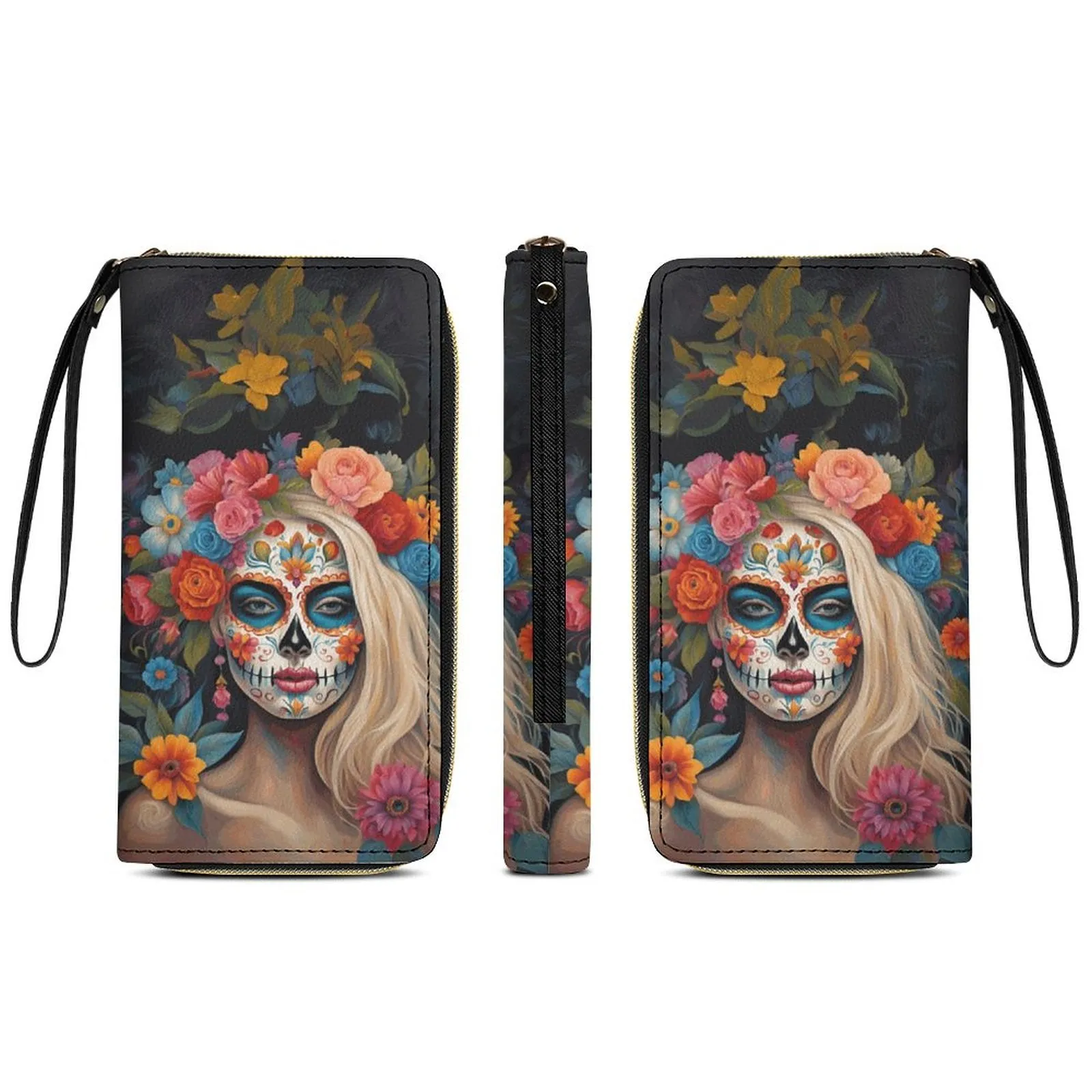 Day of the Dead Leather Wallet with Wristlet Strap