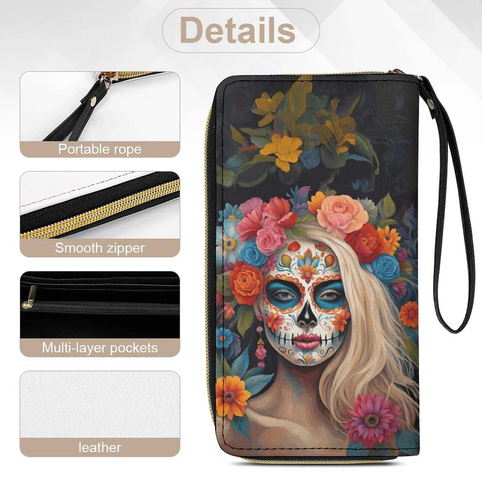 Day of the Dead Leather Wallet with Wristlet Strap