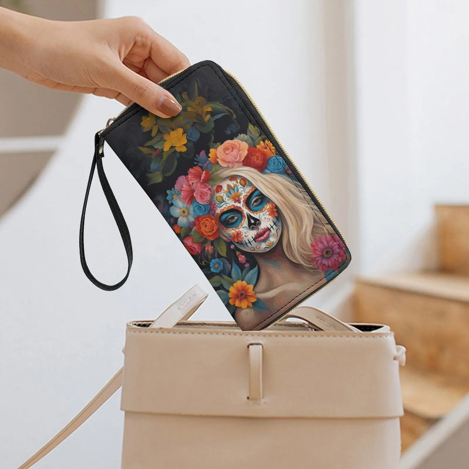 Day of the Dead Leather Wallet with Wristlet Strap