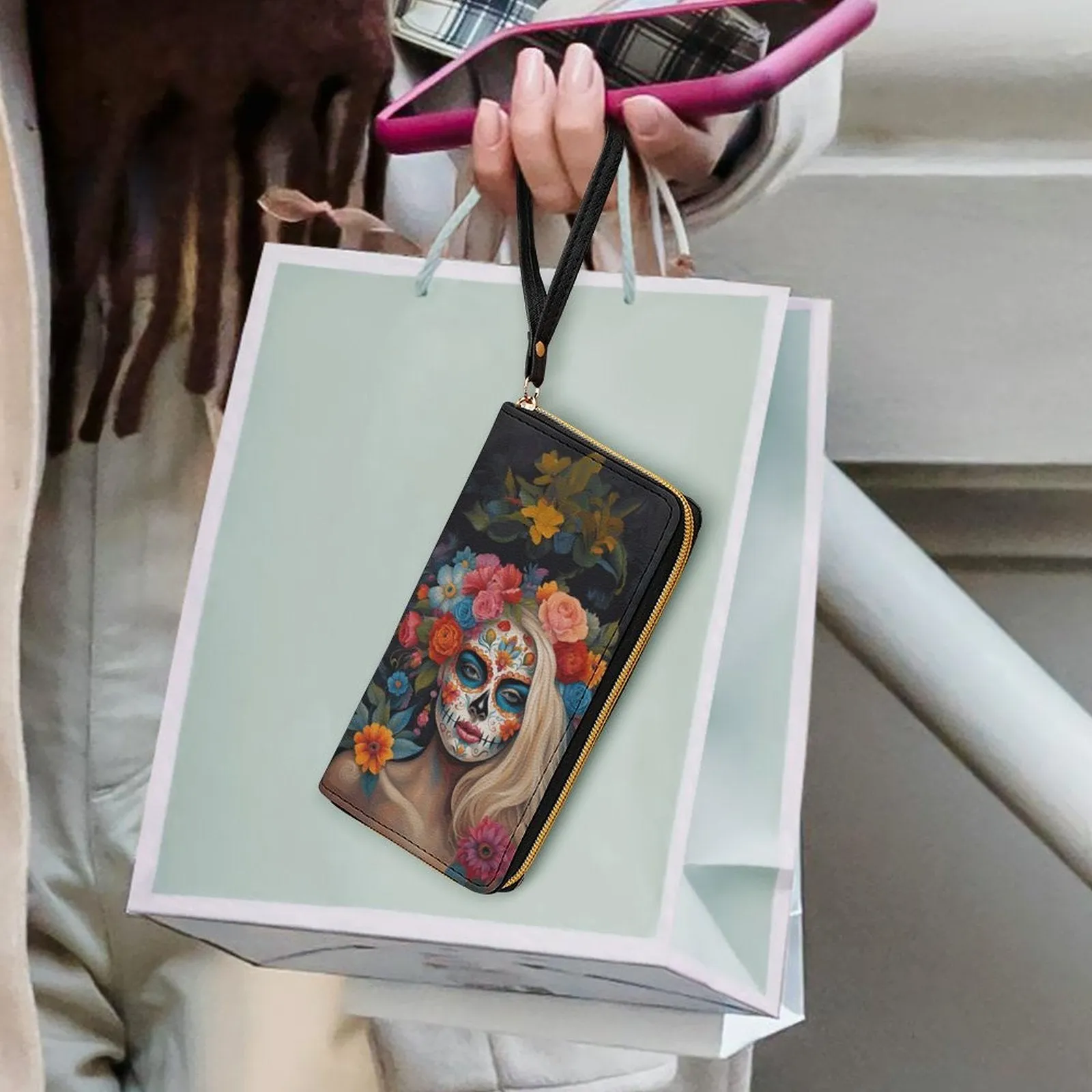 Day of the Dead Leather Wallet with Wristlet Strap