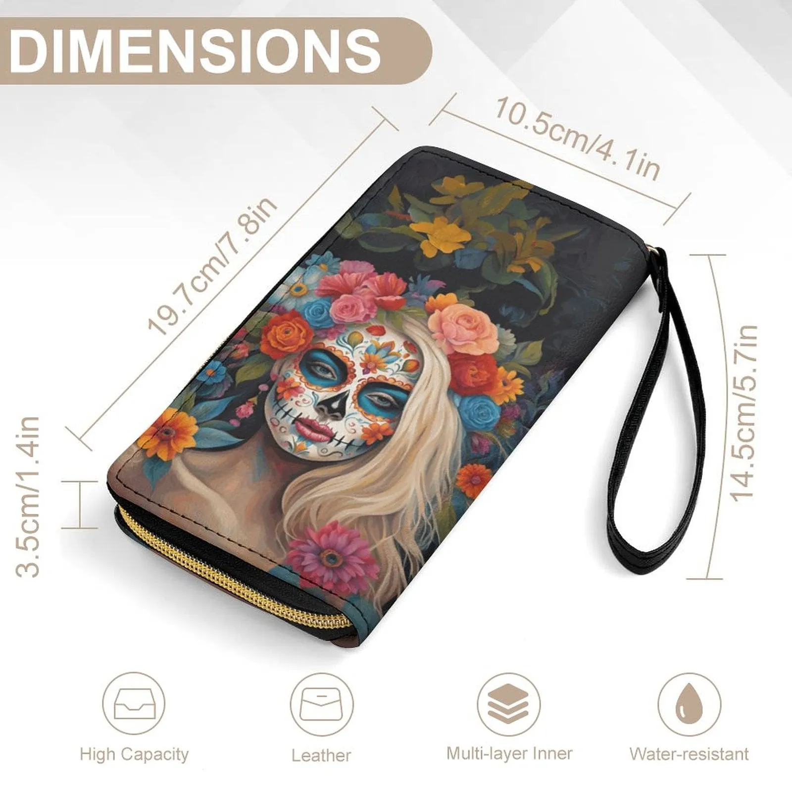 Day of the Dead Leather Wallet with Wristlet Strap