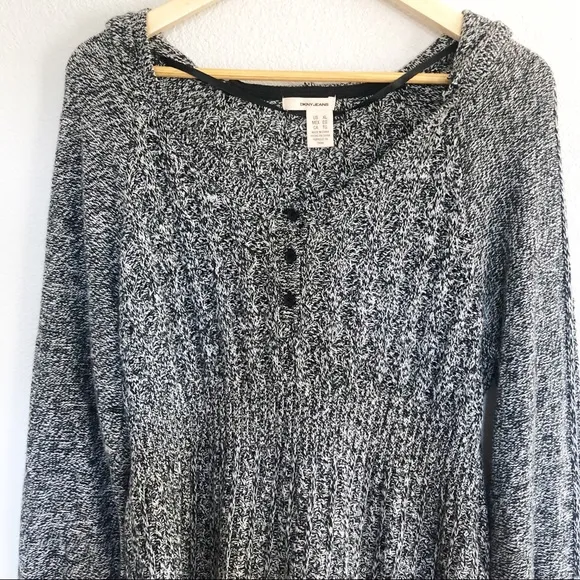 DKNY Black Gray Hooded Knit Sweater Sz XL