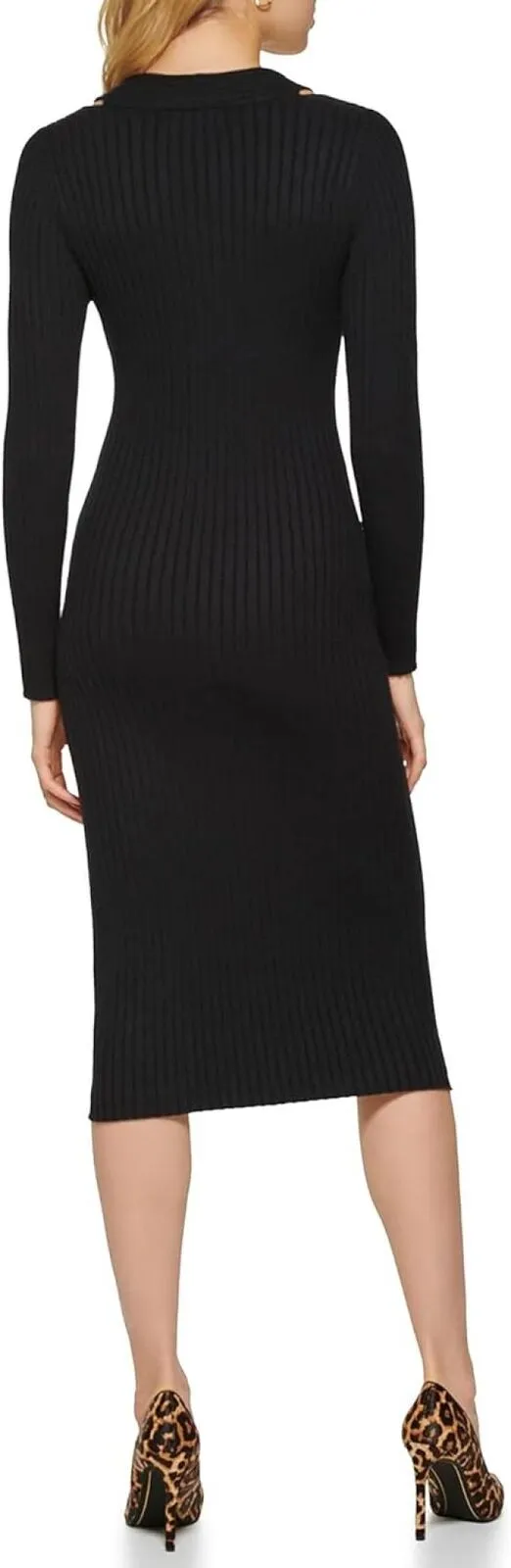 DKNY Womens Long Sleeve Braided V-Neck Sweater Dress P2HUAE30 Black S