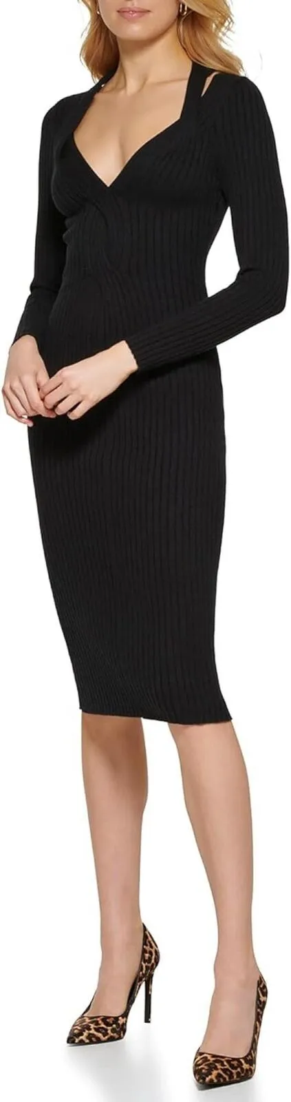 DKNY Womens Long Sleeve Braided V-Neck Sweater Dress P2HUAE30 Black S