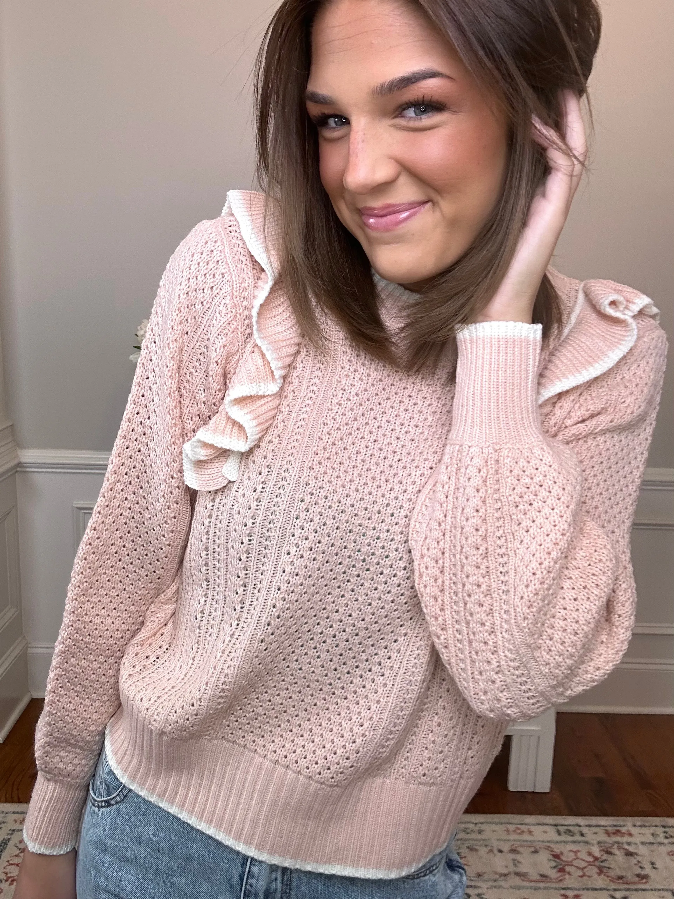 Don't Make Me Blush Ruffle Sweater