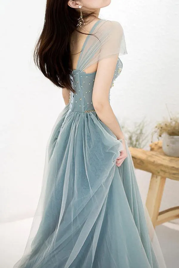 Elegant Blue A-line Off Shoulder Long Prom Dresses Online,Evening Party Dresses,12516