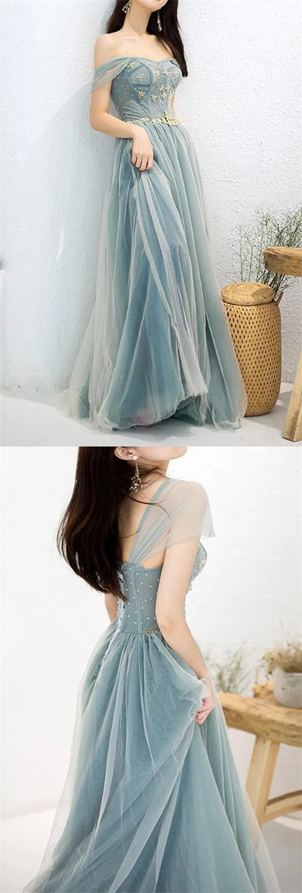 Elegant Blue A-line Off Shoulder Long Prom Dresses Online,Evening Party Dresses,12516