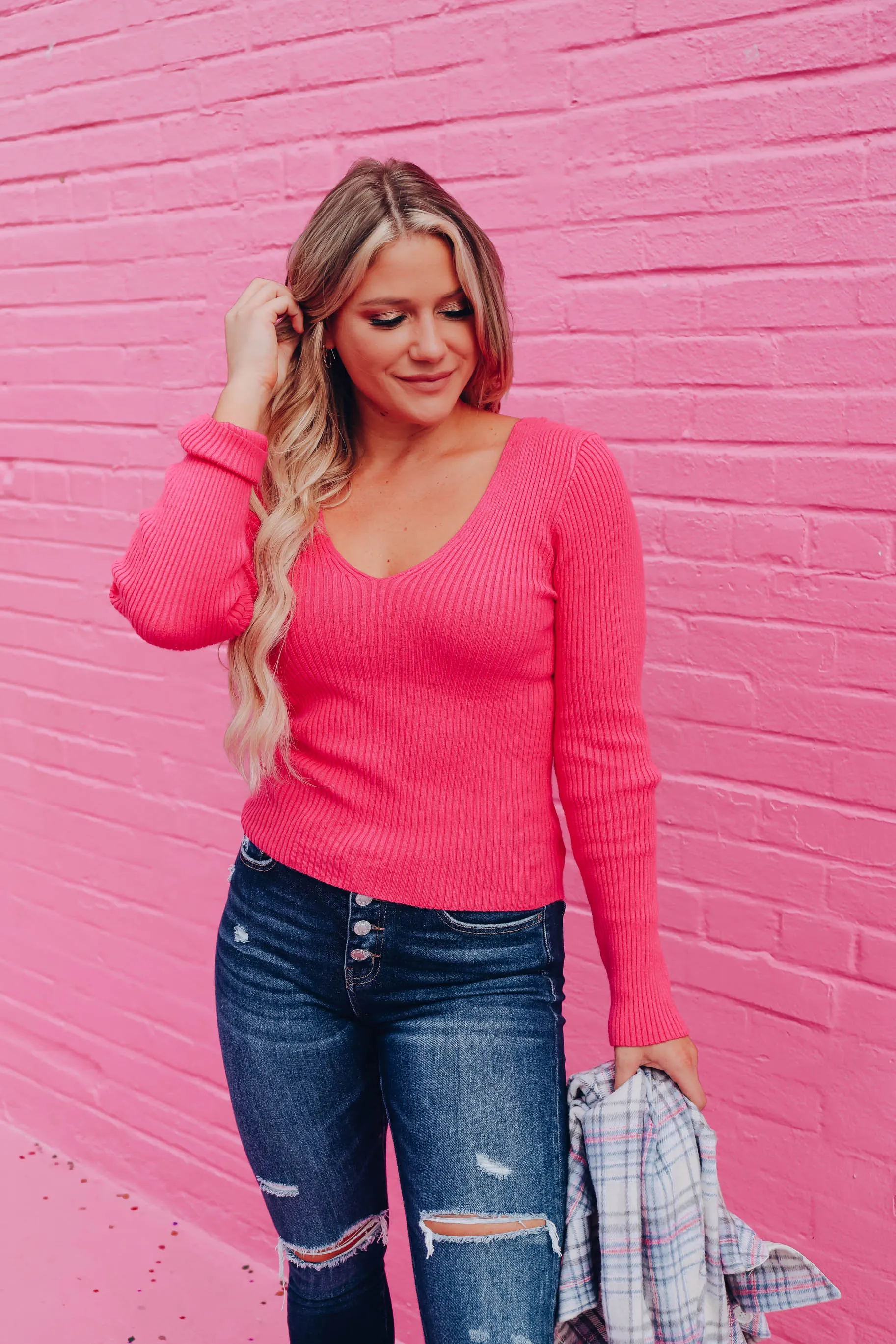 Eli Deep V Sweater - Pink