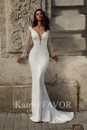 Embroidered long sleeve sheath wedding dress