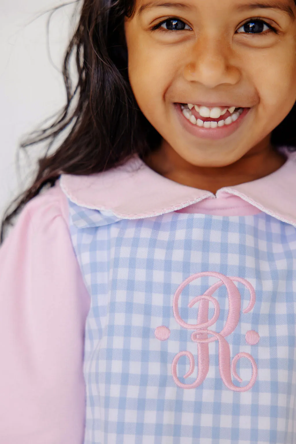 Emma's Elbow Patch Top & Onesie - Palm Beach Pink with Worth Avenue White Picot & Beale Street Blue Gingham Elbow Patches