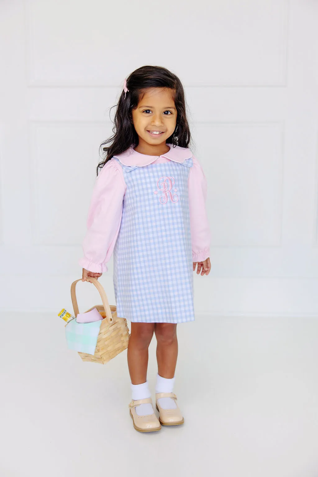 Emma's Elbow Patch Top & Onesie - Palm Beach Pink with Worth Avenue White Picot & Beale Street Blue Gingham Elbow Patches