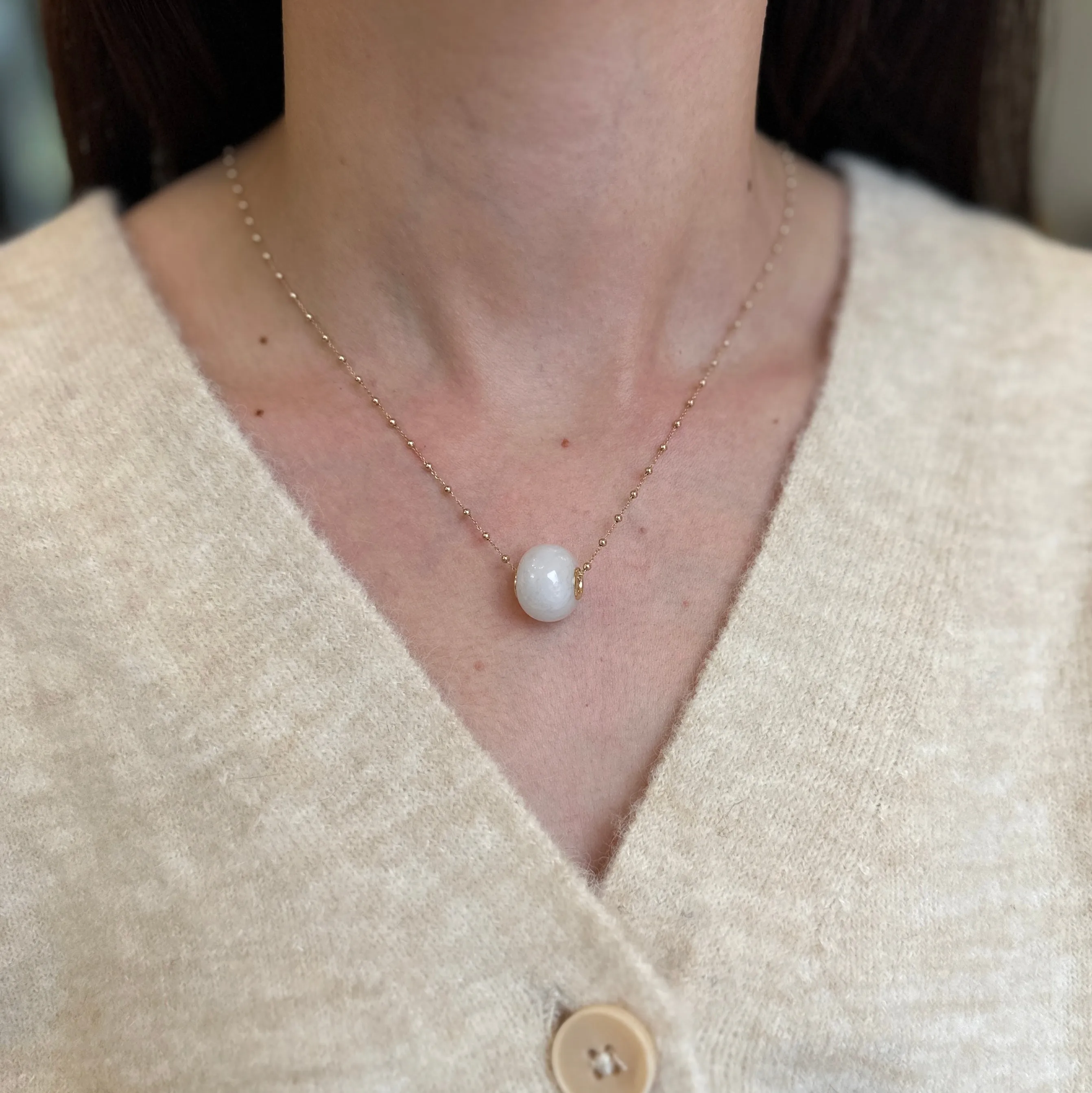 Estate 14KT Yellow Gold White Jade Round Pendant Slide