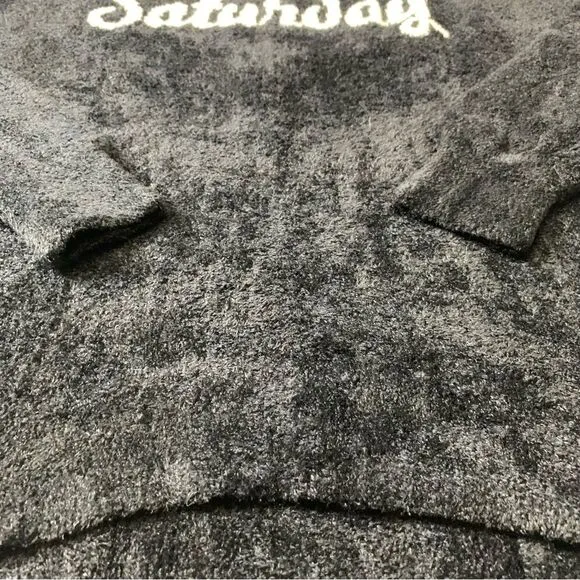 Express Fuzzy Saturday Script Graphic Teddy Sweater Black Small Petite