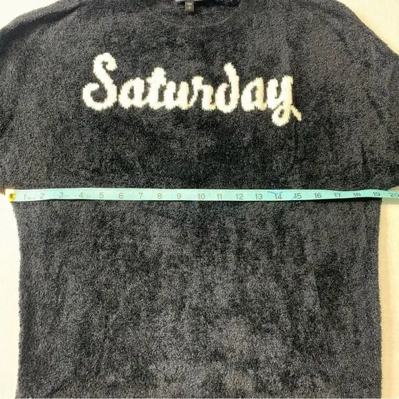 Express Fuzzy Saturday Script Graphic Teddy Sweater Black Small Petite