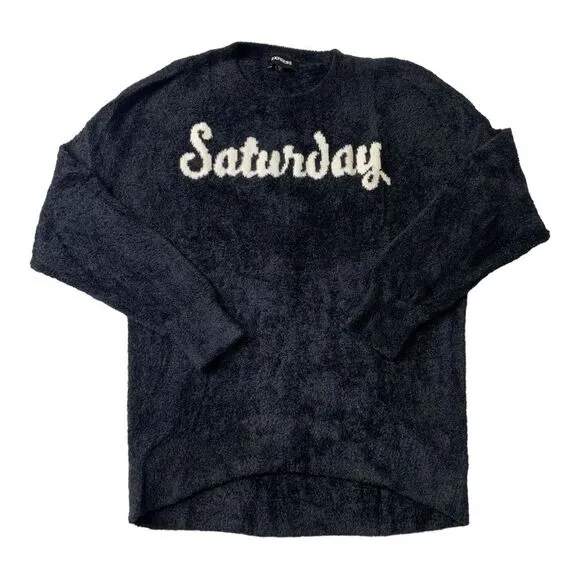 Express Fuzzy Saturday Script Graphic Teddy Sweater Black Small Petite